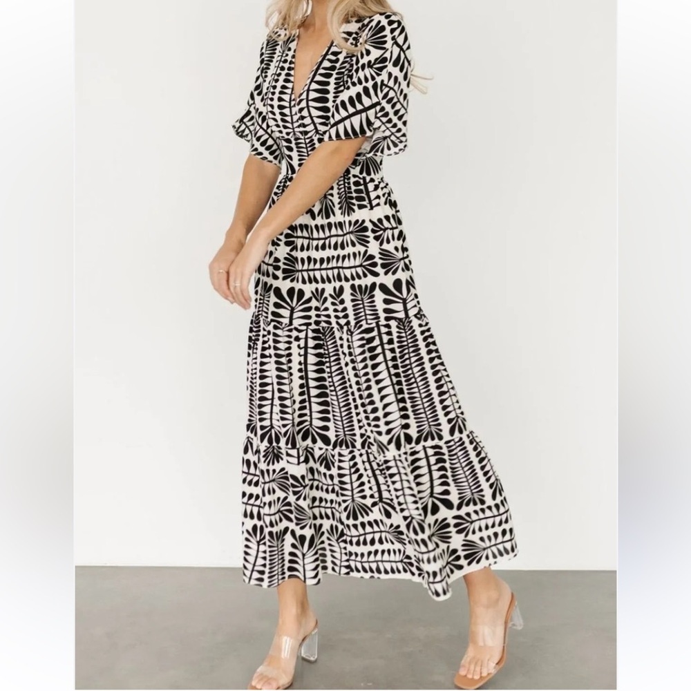 New Baltic Born Austin Kimono Dress in black and cream print v-neck short sleeve - Picture 9 of 9